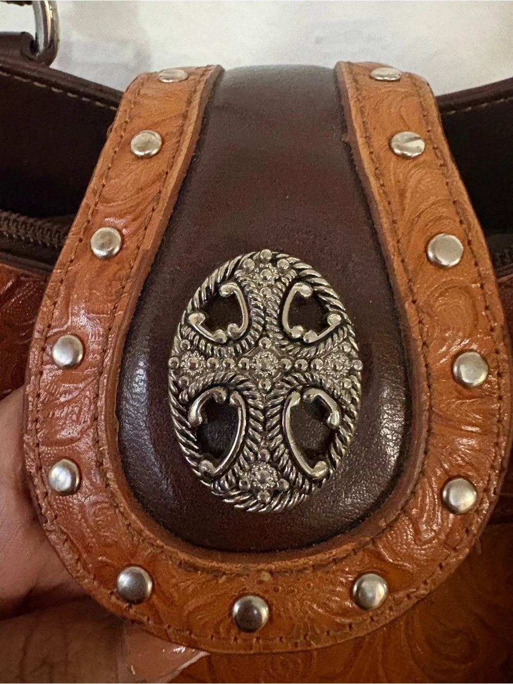 MC Marc Chantal Brown Leather Embossed Floral Purse Shoulder Bag Silver Western